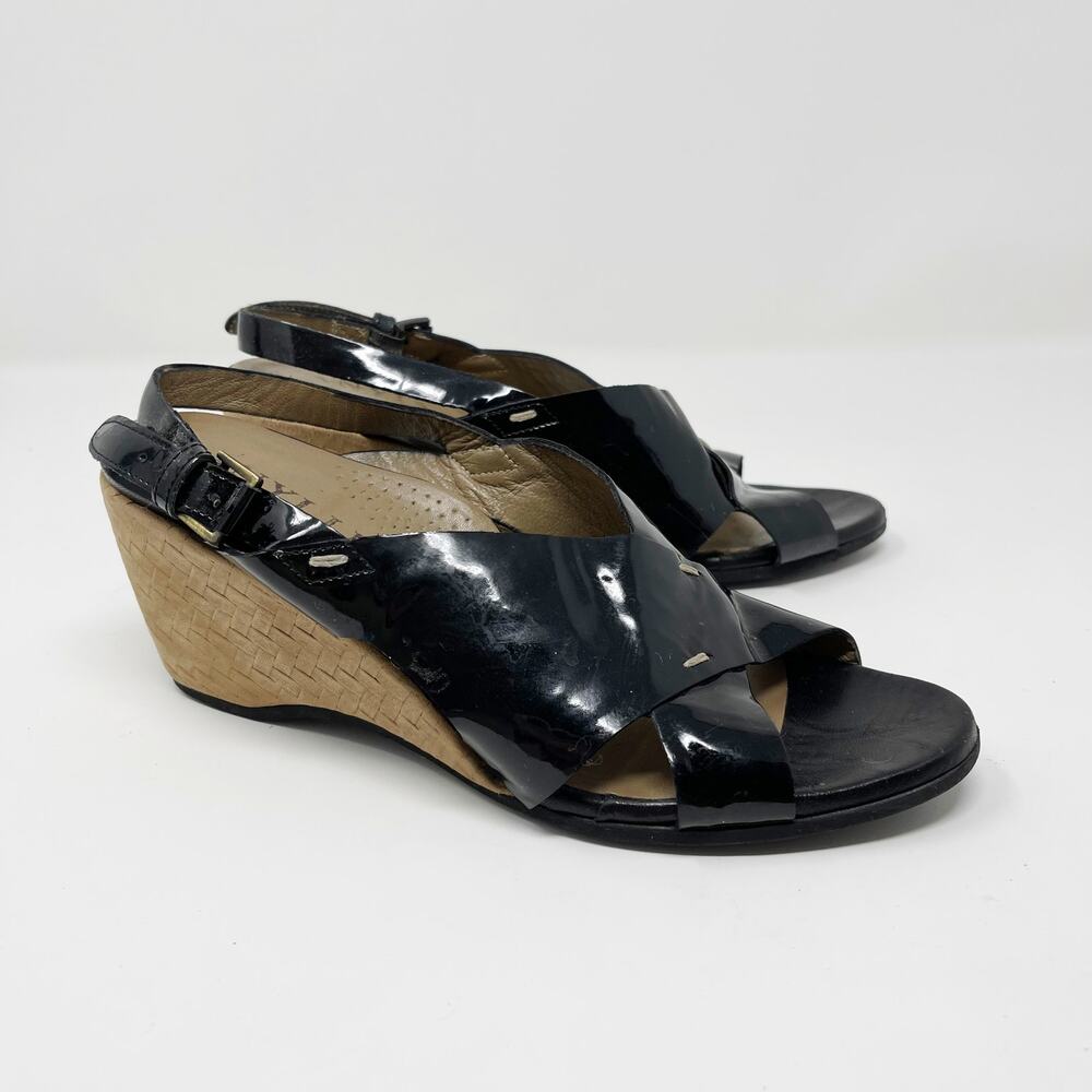 Anyi Lu Patent Crossfront Heel Wedges Black Size 37 Womens Heel Height 3"